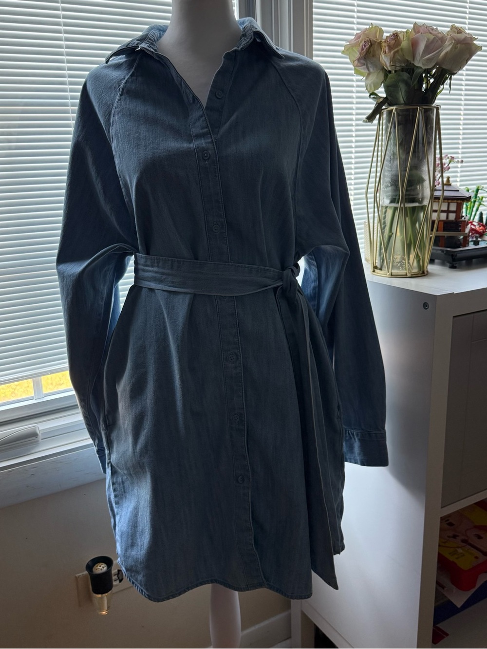 Express Denim Shirt Dress in Blue with Waist Tie